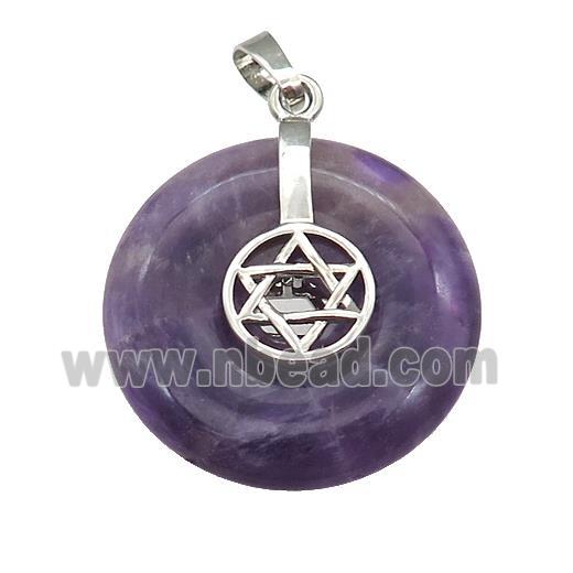 Natural Purple Amethyst Donut Pendant With Alloy David Star