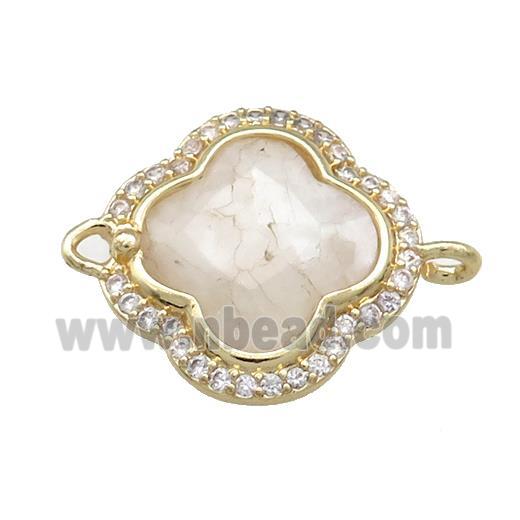 White Moonstone Clover Connector Pave Zircon Gold Plated