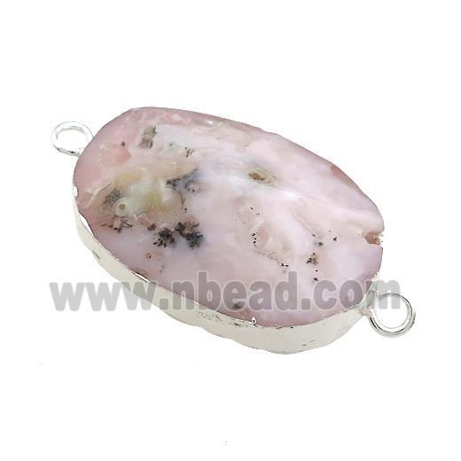 Pink Opal Oval Connector Pointed Silver Plated