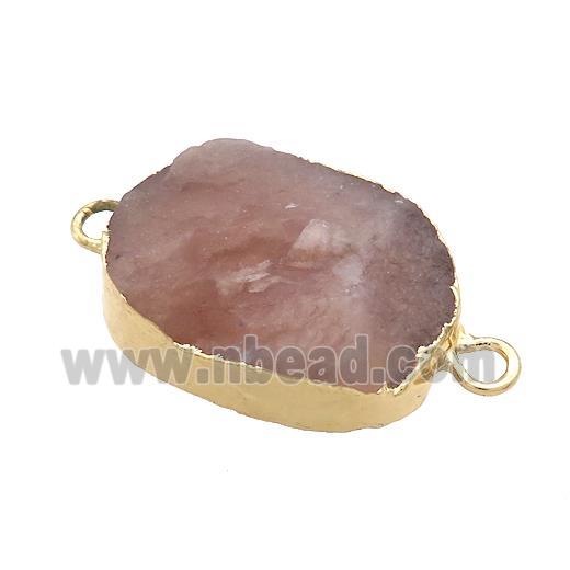 Pink Strawberry Quartz Oval Connector Rough Gold Plated