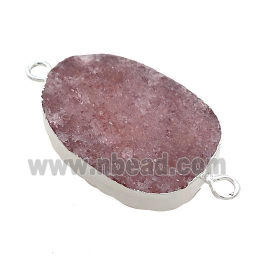 Pink Strawberry Quartz Oval Connector Flat Silver Plated