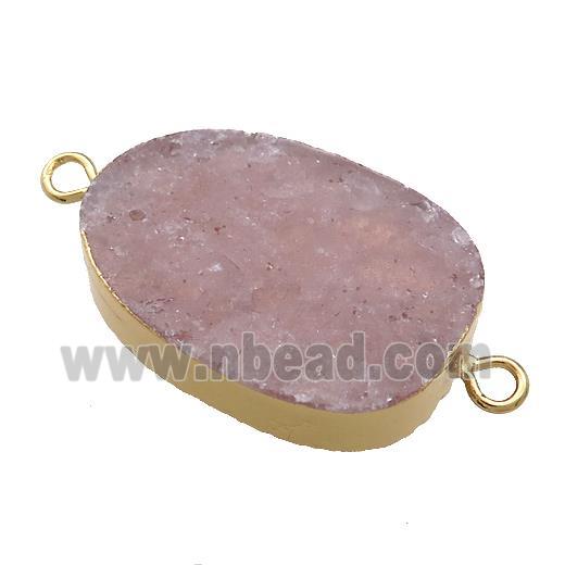 Pink Strawberry Quartz Oval Connector Flat Gold Plated