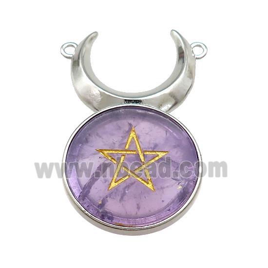 Purple Amethyst Coin Star Symbols Alloy Moon Pendant Platinum Plated