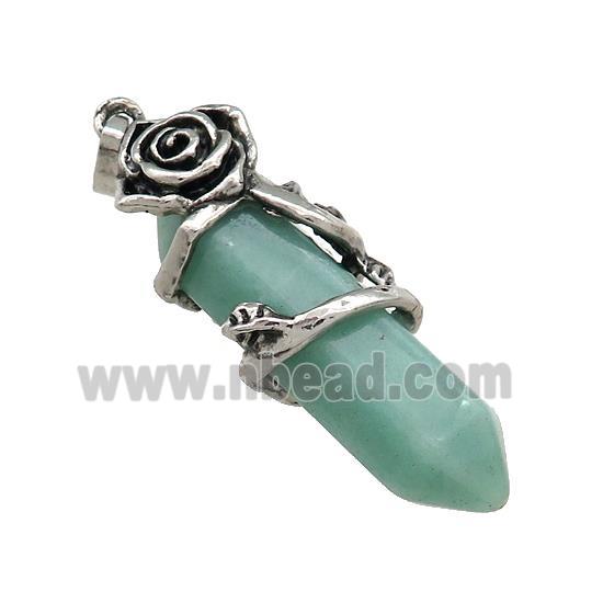 Natural Green Aventurine Prism Pendant Alloy Flower Wrapped