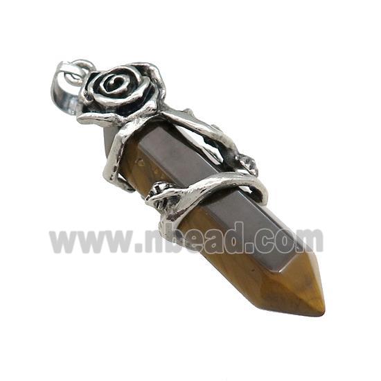 Natural Tiger Eye Stone Prism Pendant Alloy Flower Wrapped