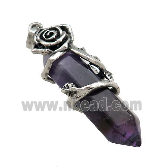 Natural Purple Amethyst Prism Pendant Alloy Flower Wrapped