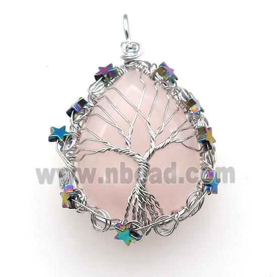 Natural Pink Rose Quartz Teardrop Pendant With Tree Of Life Wire Wrapped Platinum Plated