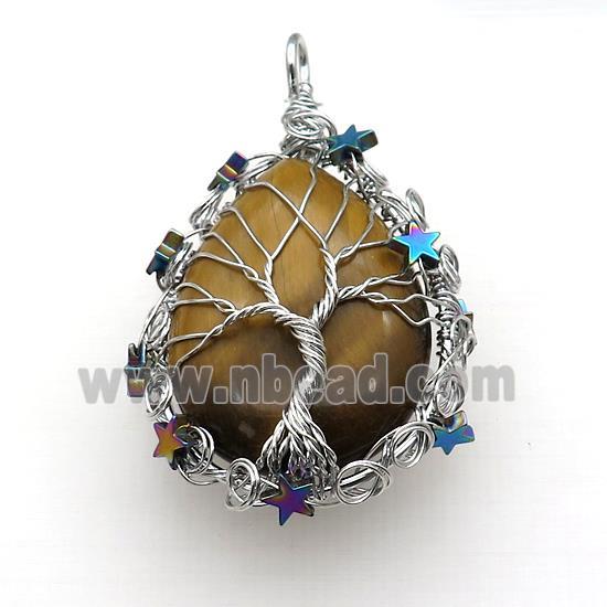 Natural Tiger Eye Stone Teardrop Pendant With Tree Of Life Wire Wrapped Platinum Plated