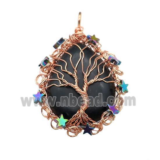 Natural Black Obsidian Teardrop Pendant With Tree Of Life Wire Wrapped Rose Gold