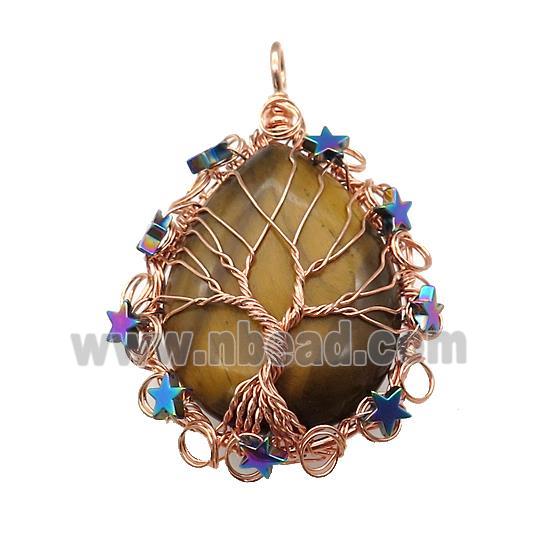 Natural Tiger Eye Stone Teardrop Pendant With Tree Of Life Wire Wrapped Rose Gold