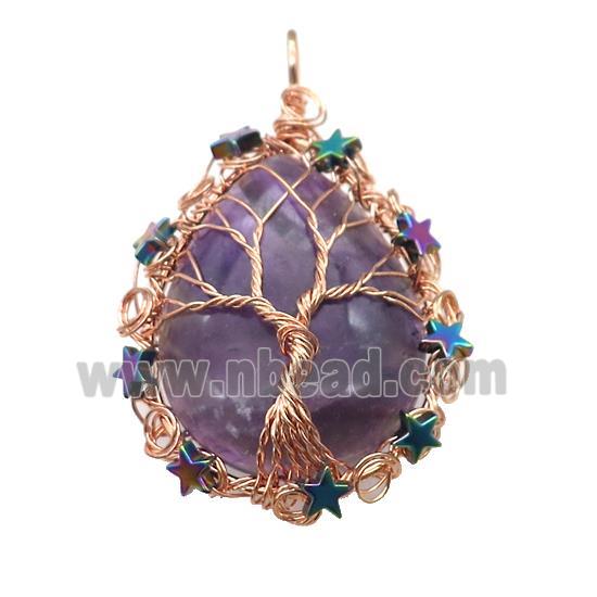Natural Purple Amethyst Teardrop Pendant With Tree Of Life Wire Wrapped Rose Gold