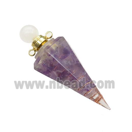 Natural Purple Fluorite Chips Perfume Bottle Pendant Resin Cone Gold Plated