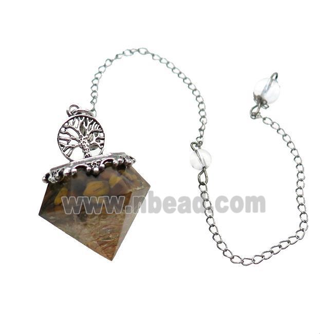 Tiger Eye Stone Chips Dowsing Diamond Shape Pendulum Pendant Tree Of Life Copper Chain Platinum Plat