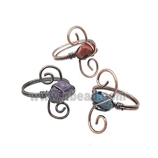 Copper Rings With Gemstone Wire Wrapped Antique Red Mixed