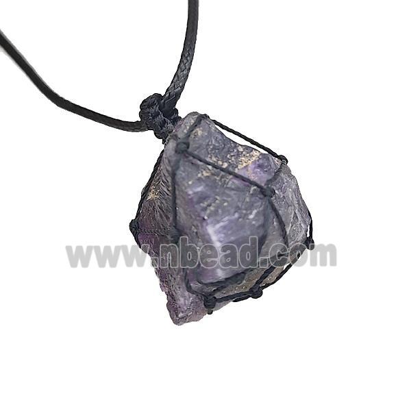 Natural Purple Amethyst Necklaces Waxed Fabric Adjustable Wire Wrapped