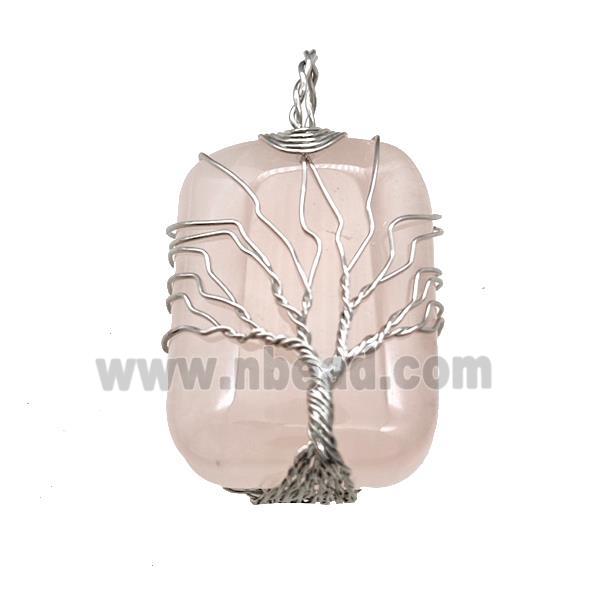 Pink Rose Quartz Rectangle Pendant Tree Of Life Copper Wire Wrapped Platinum