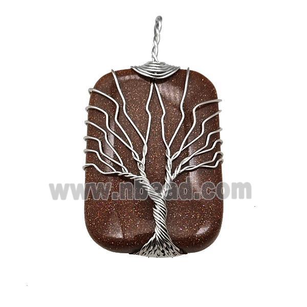 Gold Sandstone Rectangle Pendant Tree Of Life Copper Wire Wrapped Platinum
