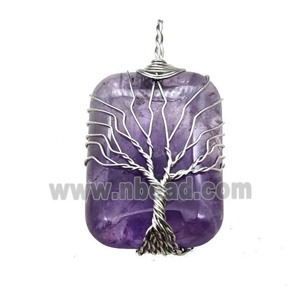 Purple Amethyst Rectangle Pendant Tree Of Life Copper Wire Wrapped Platinum