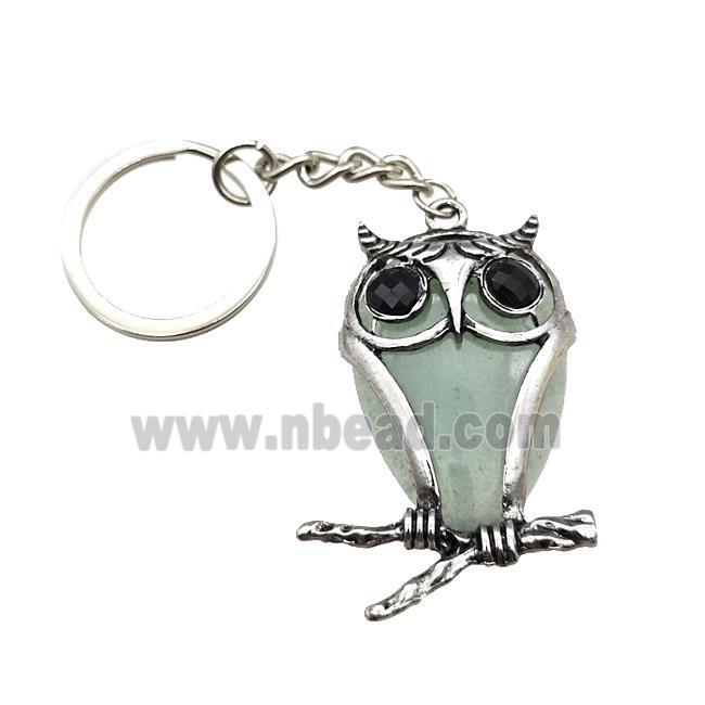 Owl Charms Keychain With Green Aventurine Alloy Platinum Plated