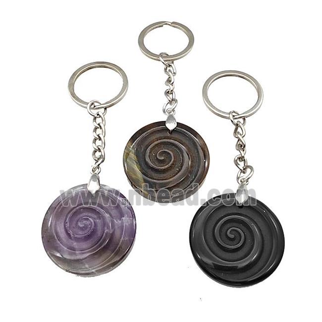 Natural Gemstone Spiral Keychain Circle Alloy Platinum Plated Mixed
