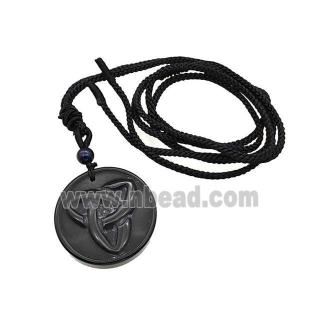 Natural Black Obsidian Trinity Necklace Circle Black Nylon Rope