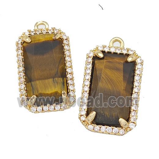 Tiger Eye Stone Rectangle Pendant Copper Pave Zircon Gold Plated