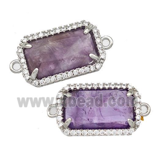 Natural Purple Amethyst Rectangle Connector Copper Pave Zircon Platinum Plated