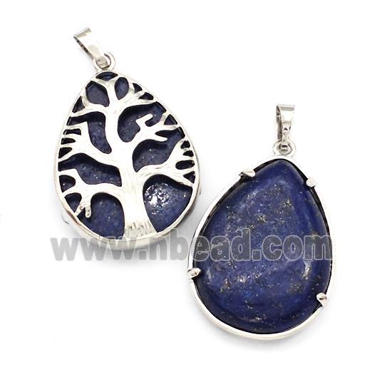 Natural Blue Lapis Lazuli Teardrop Pendant Tree Platinum Plated