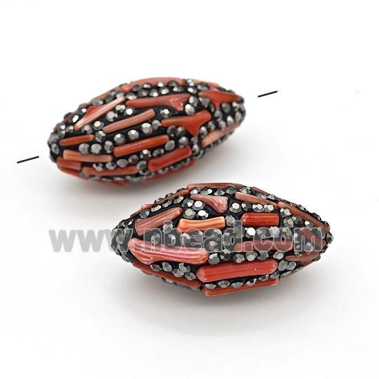Clay Rice Beads Pave Black Rhinestone Red Coral