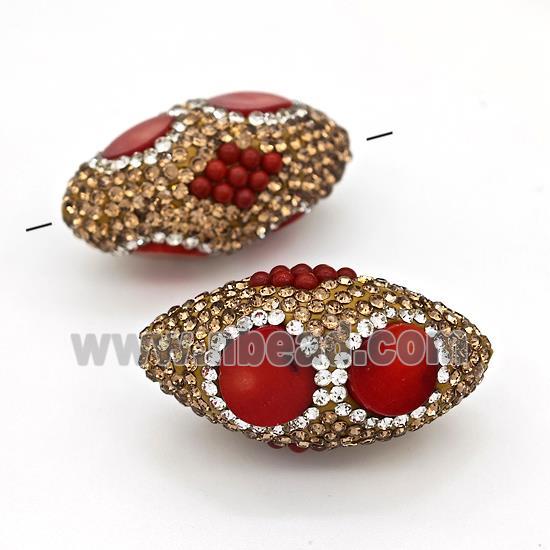 Clay Rice Beads Pave Yellow Rhinestone Red Coral