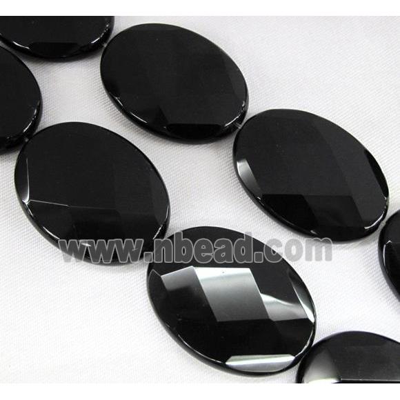 natural Onyx bead, handmade-cutting, faceted oval, black, A-grade