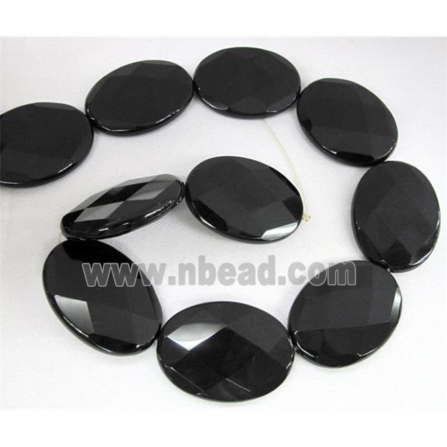 natural Onyx bead, handmade-cutting, faceted oval, black, A-grade