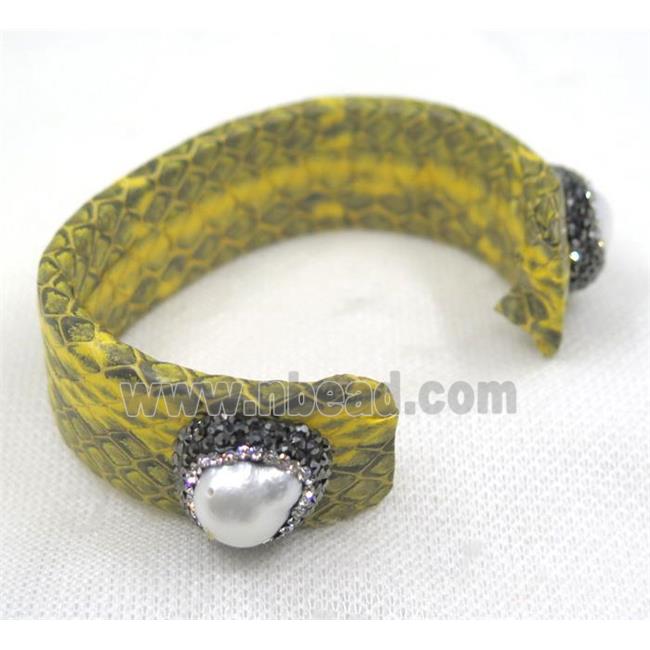 white pearl cuff bangle pave rhinestone, yellow snakeskin, alloy