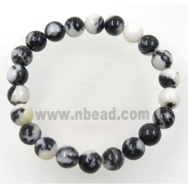 black Zebra Jasper beads bracelet, round, stretchy