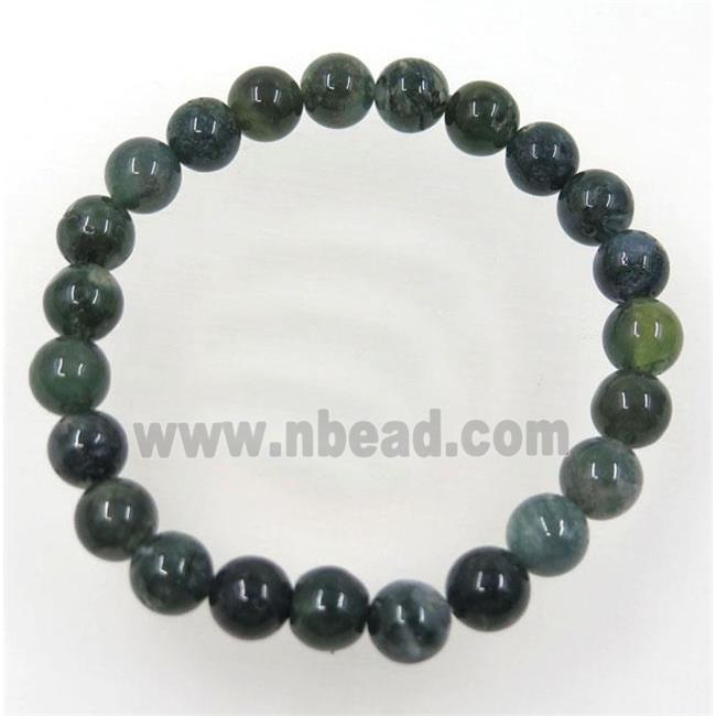 green Moss Agate bead bracelet, round, stretchy