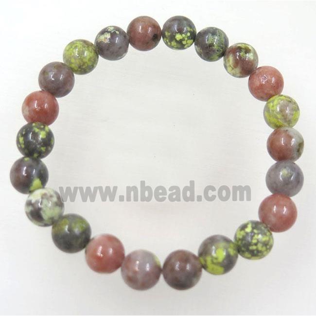 pink plum blossom jasper beads bracelet, round, stretchy