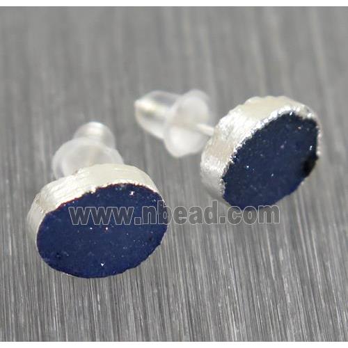 blue Druzy agate earring studs, 925 silver plated