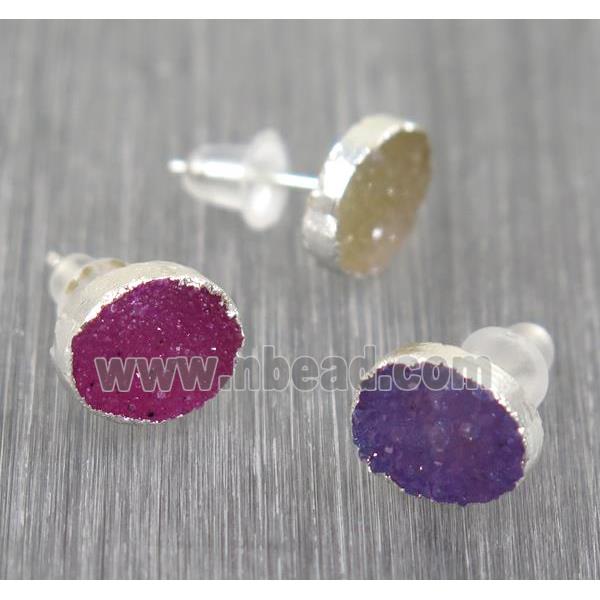 Druzy agate earring studs, mix color, 925 silver plated