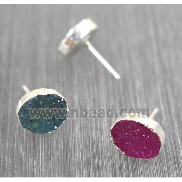Druzy agate earring studs, mix color, 925 silver plated