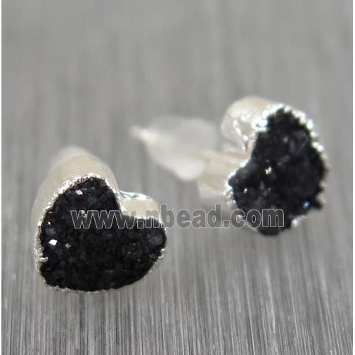 black Druzy agate earring studs, heart, 925 silver plated