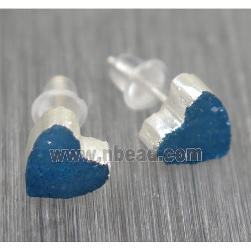 blue Druzy agate earring studs, heart, 925 silver plated