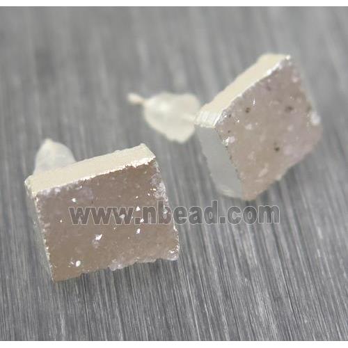 white-gray Druzy agate earring studs, square, 925 silver plated