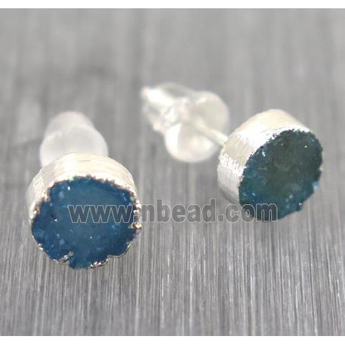 blue Druzy agate earring studs, circle, 925 silver plated