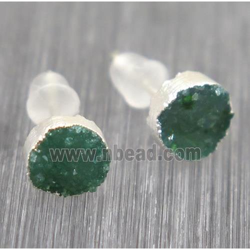 green Druzy agate earring studs, circle, 925 silver plated