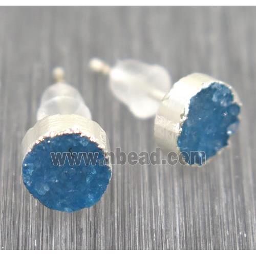 blue Druzy agate earring studs, circle, 925 silver plated