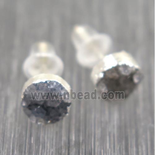 gray Druzy agate earring studs, circle, 925 silver plated