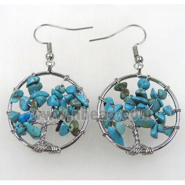 tree of life earring with blue truqoise chip beads