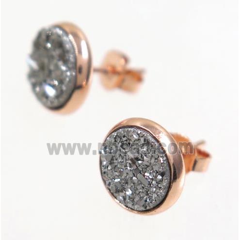silver druzy agate earring studs, rose gold
