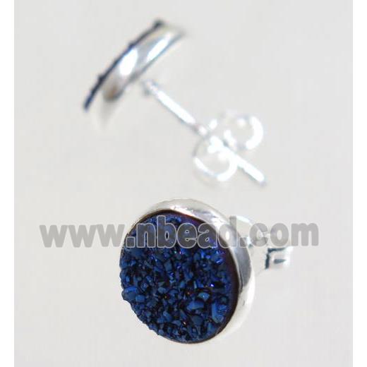 blue druzy agate earring studs, silver plated