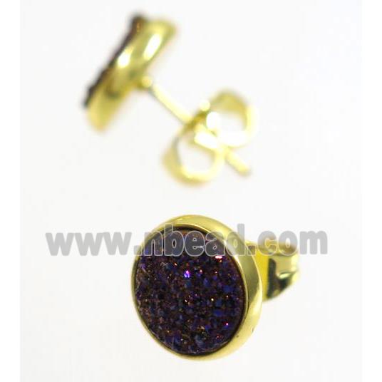 purple druzy agate earring studs, gold plated